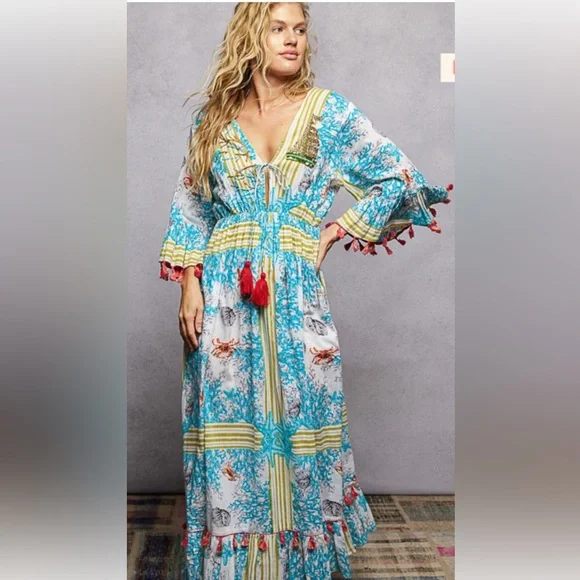 POL / Gorgeous.. Brand New Boho Aqua Print Maxi Dress with Red Tassels - Picture 1 of 6
